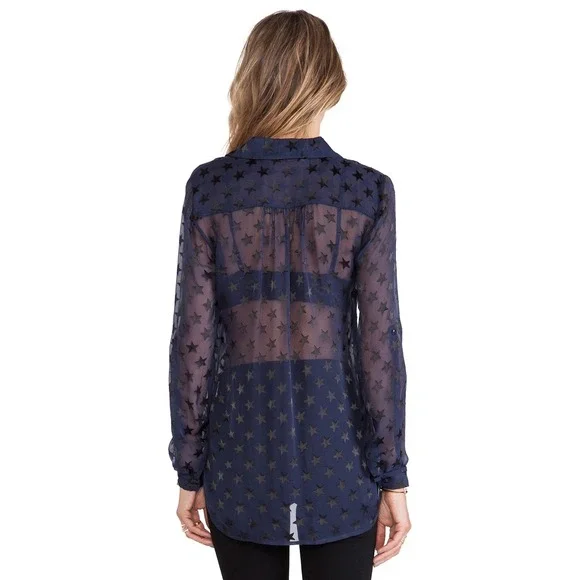 Diane von Furstenberg Lorelei Blue Star Print Sheer Chiffon Blouse Women's Sz 2 - Picture 2 of 14
